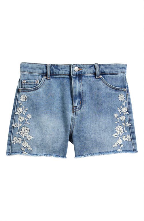 Tractr Kids' Floral Embroidered Cotton Blend Denim Shorts In Blue