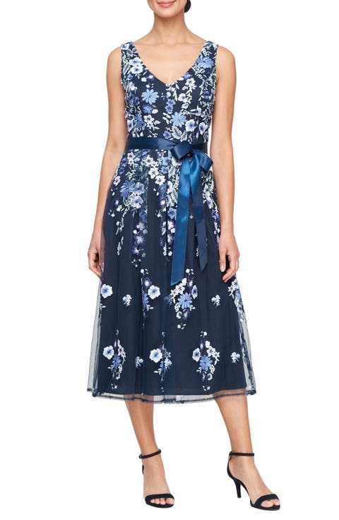 Embroidered Mesh A-Line Cocktail Dress