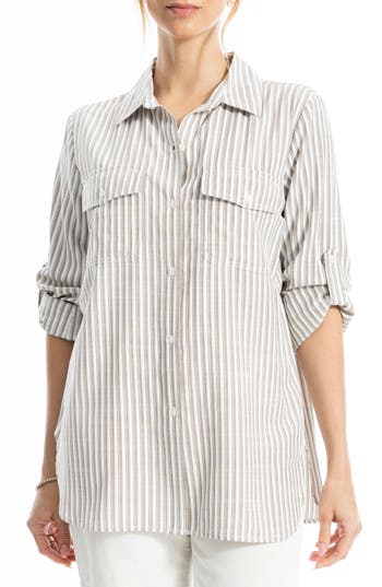 Max Studio Stripe Roll Tab Button-up Utility Shirt