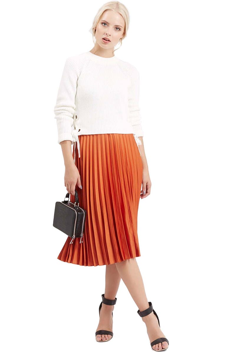 Topshop Pleated Satin Midi Skirt, Alternate, color, 