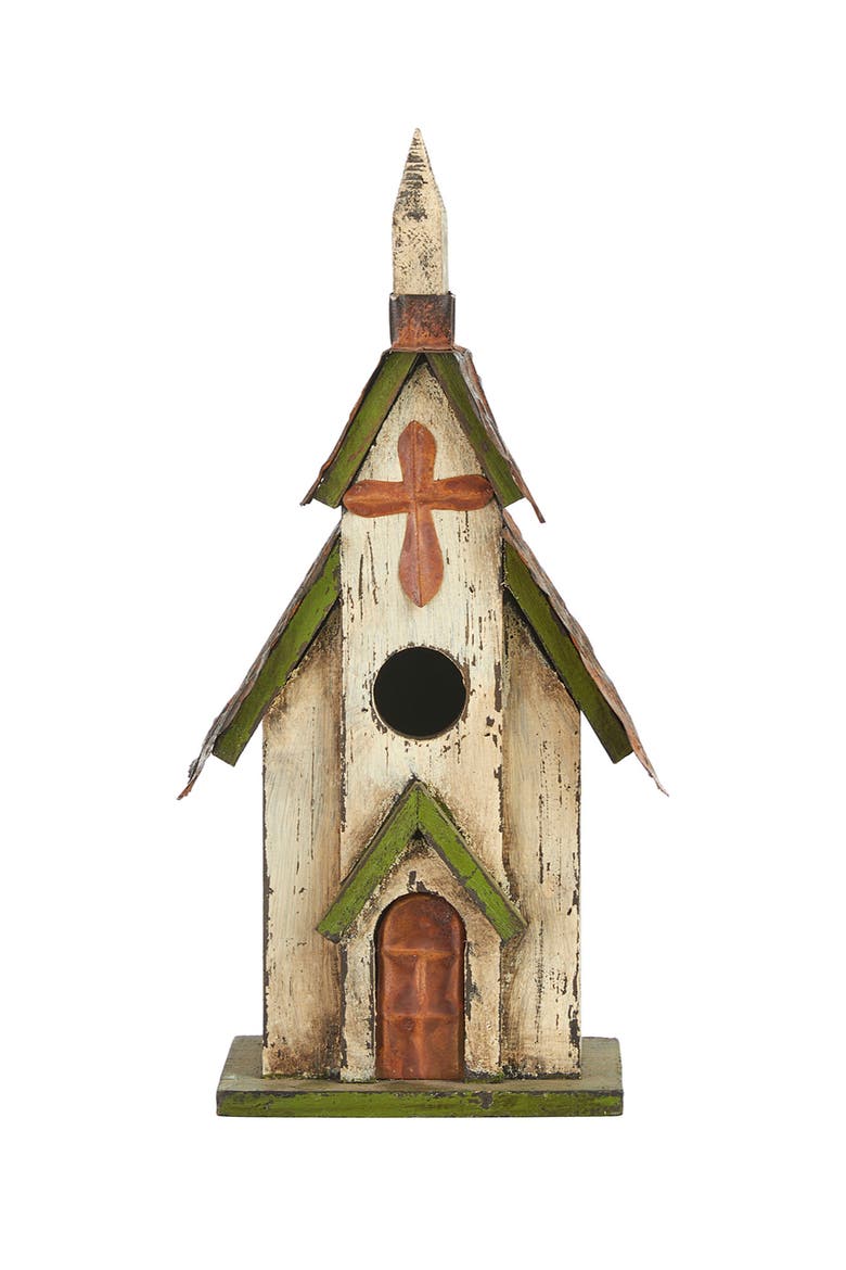 14"H Distressed Solid Wood Church Birdhouse, Alternate, color, Green