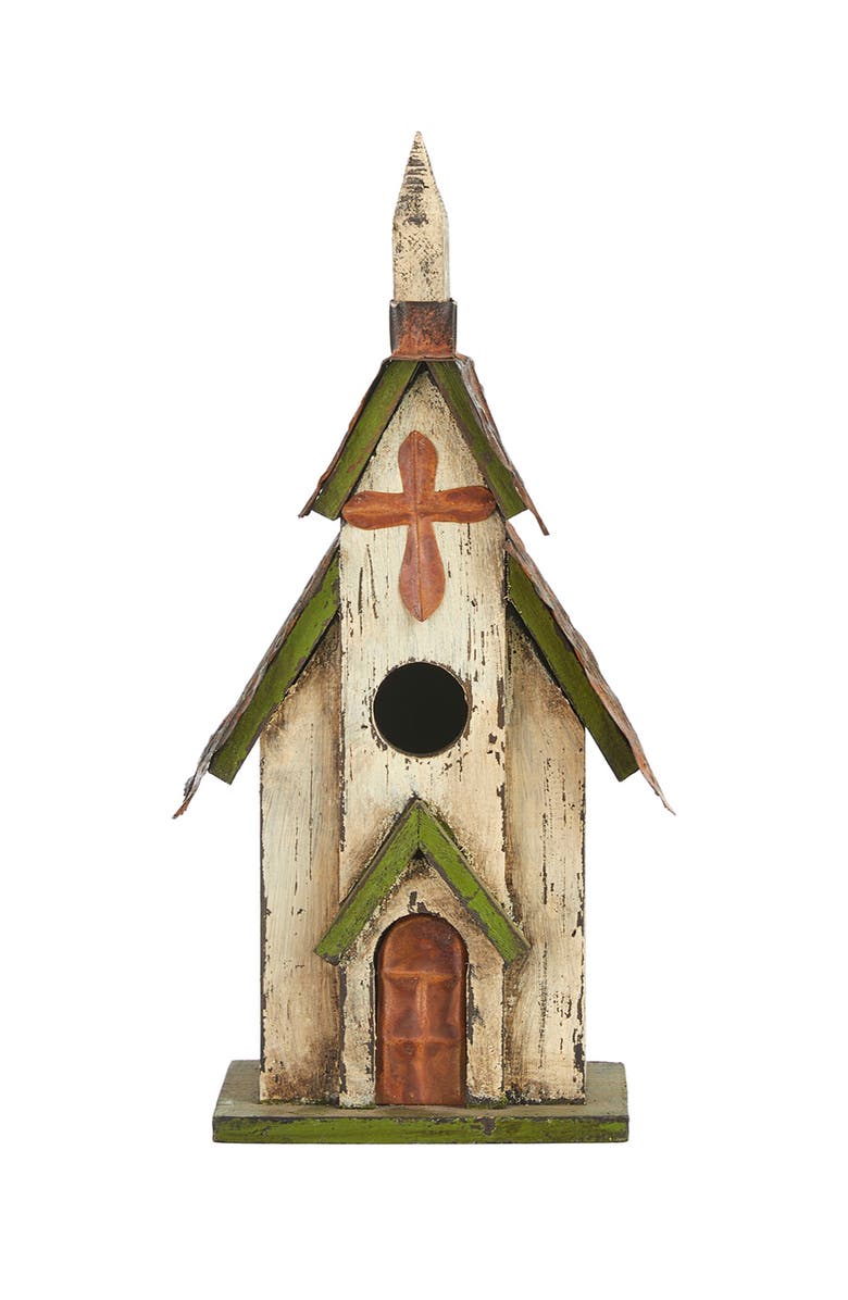 Glitzhome 14"H Distressed Solid Wood Church Birdhouse, Alternate, color, Green