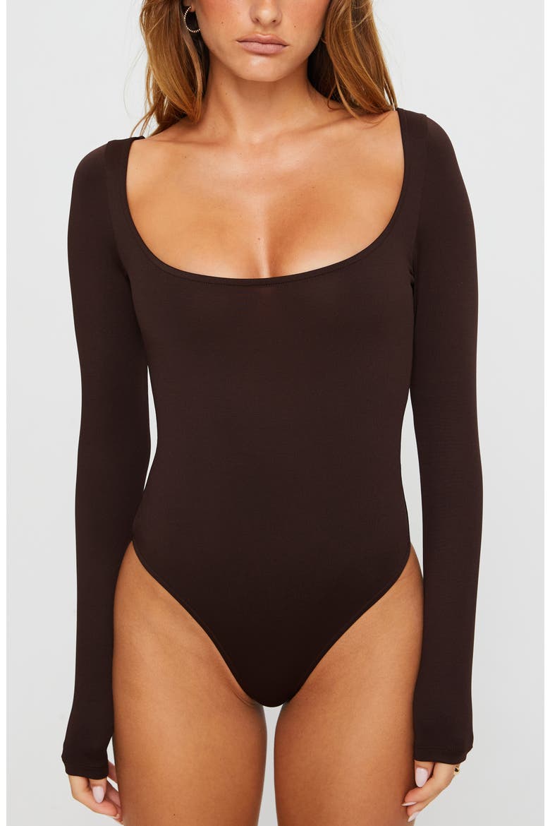 Ellery Wide Scoop Neck Long Sleeve Bodysuit, Alternate, color, BROWN