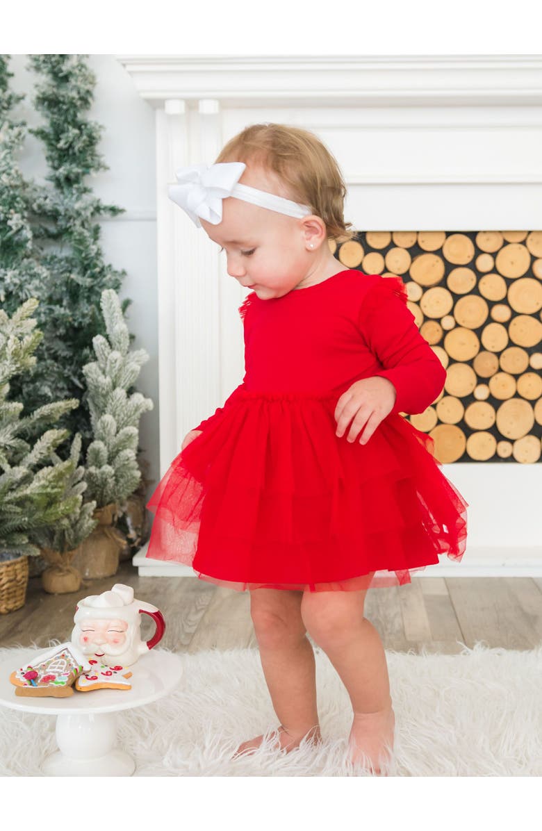 RuffleButts Baby Girls Flutter Tulle Long Sleeve Twirl Romper, Alternate, color, Red