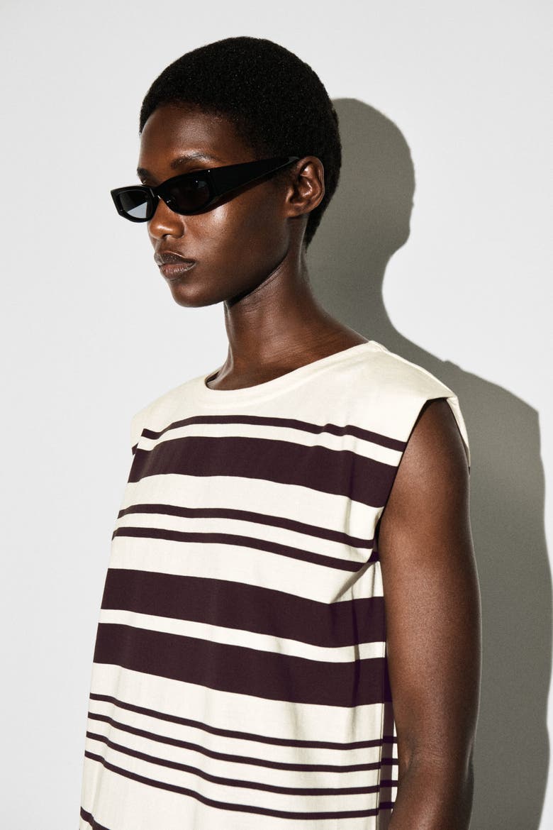 Folded-shoulder Cotton-jersey Midi Dress, Alternate, color, WHITE / BROWN / STRIPED