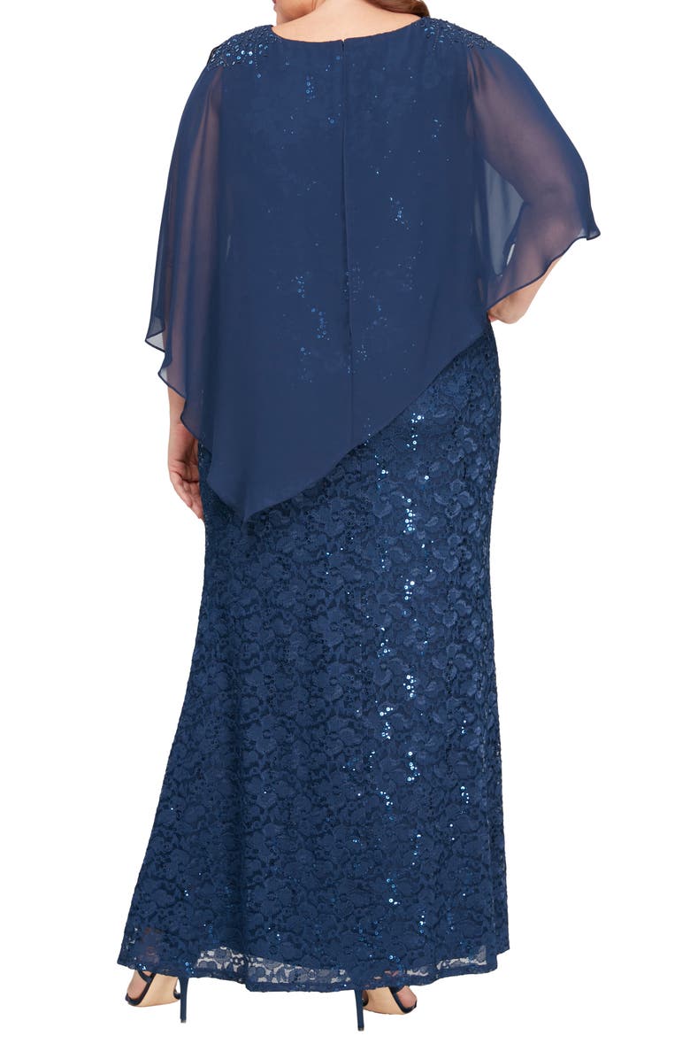 SL FASHIONS Sequin Floral Lace Dress with Capelet, Alternate, color, New Navy