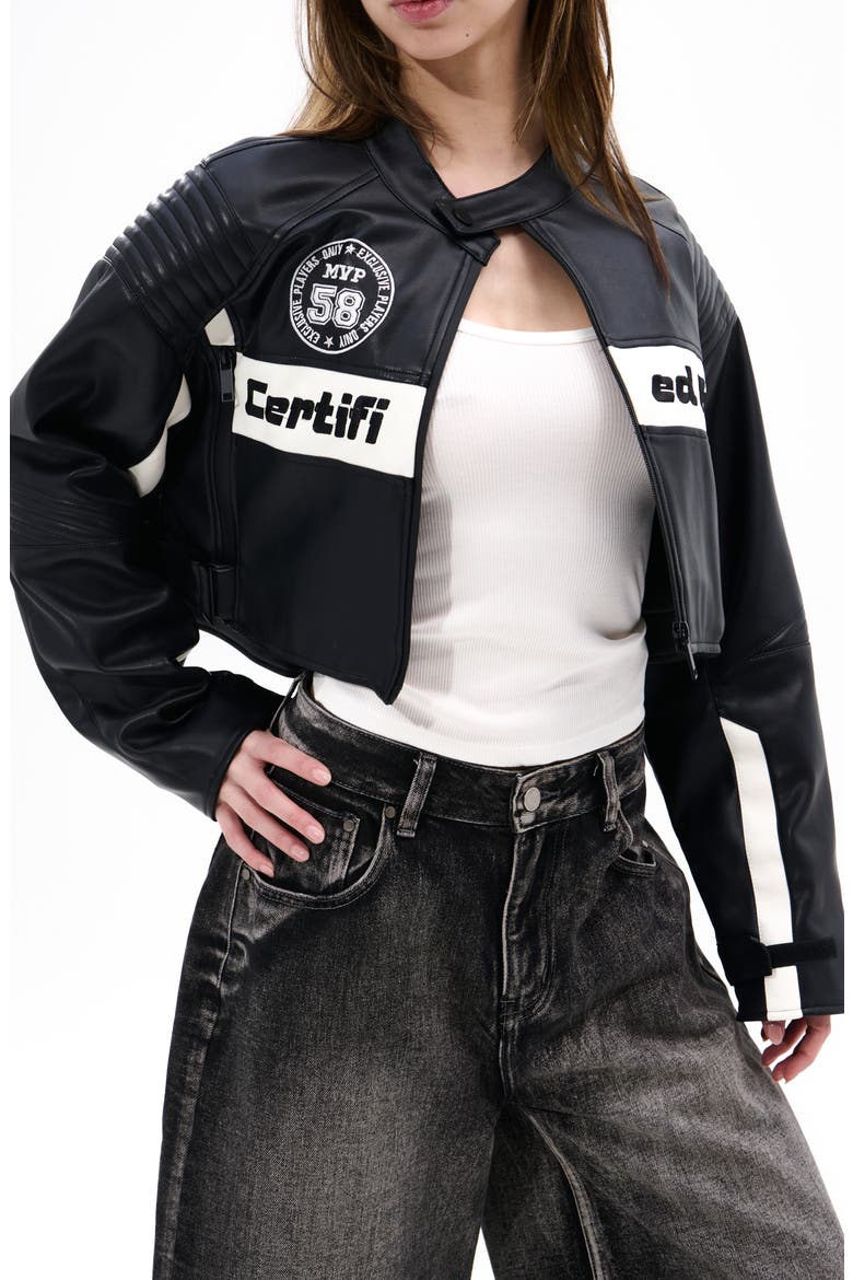 Crop Faux Leather Racing Jacket, Alternate, color, BLACK