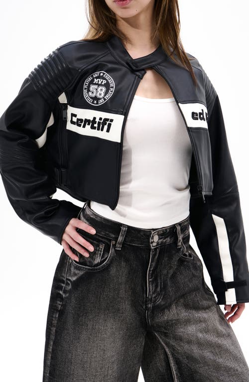 Azalea Wang Crop Faux Leather Racing Jacket In Black