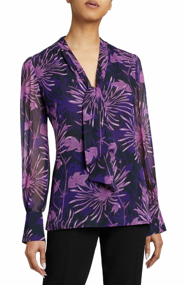Santorelli FRANCIS Blouse with Neck Tie in Abstract Floral Crinkled Georgette, Main, color, Cool Purple