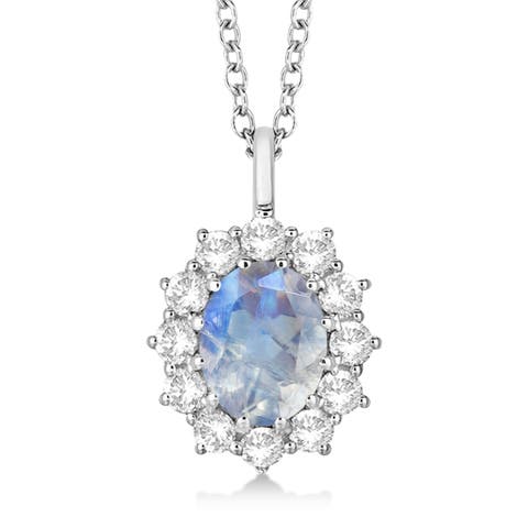 Oval Moonstone and Diamond Pendant Necklace 14k