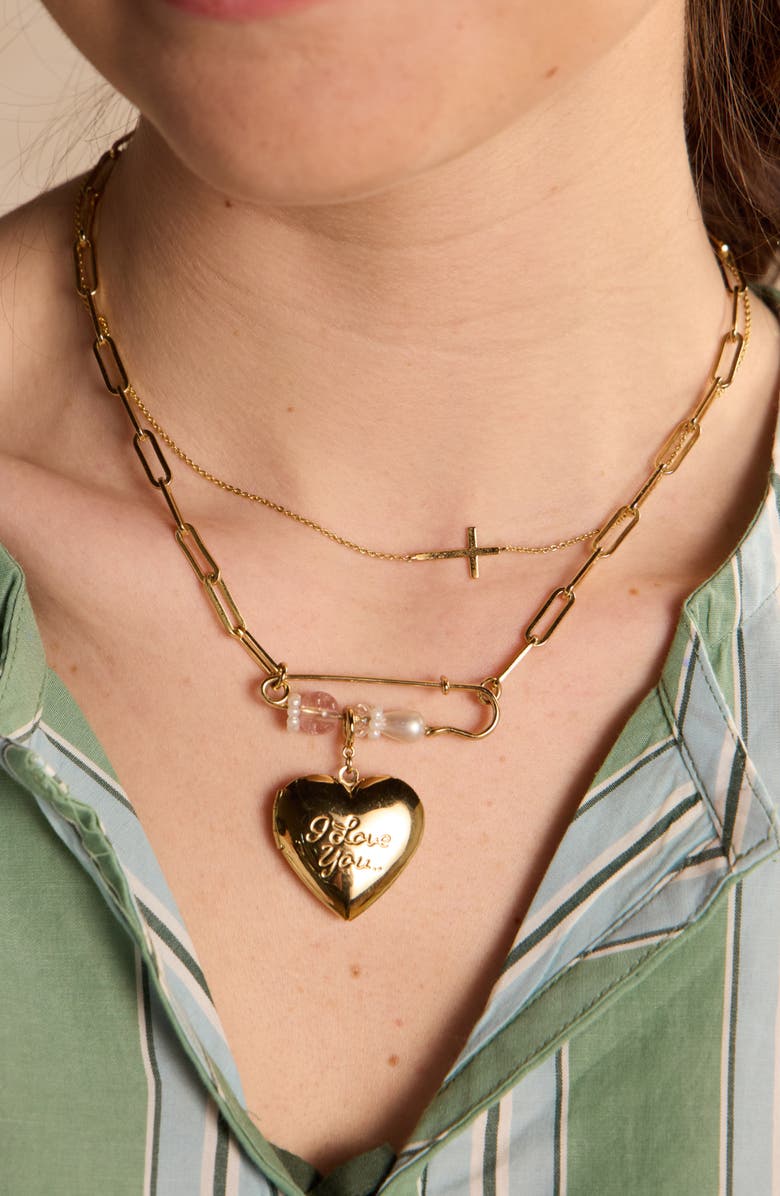 Nickel & Suede Safety Pin Necklace, Alternate, color, Gold