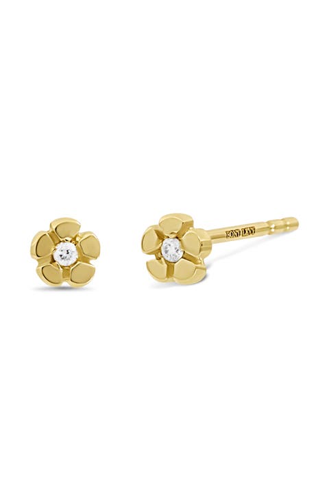 18K Yellow Gold Diamond Flower Stud Earrings