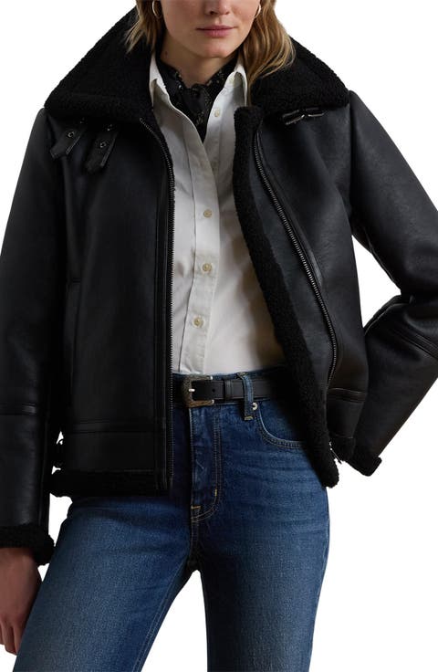 Faux Leather Jacket with Faux Shearling Trim
