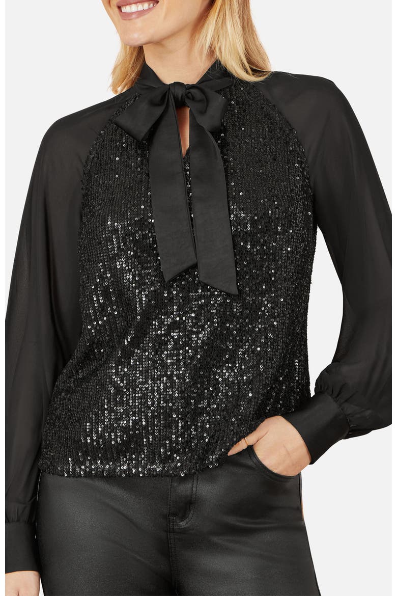Sequin Pussy Bow Top, Alternate, color, Black