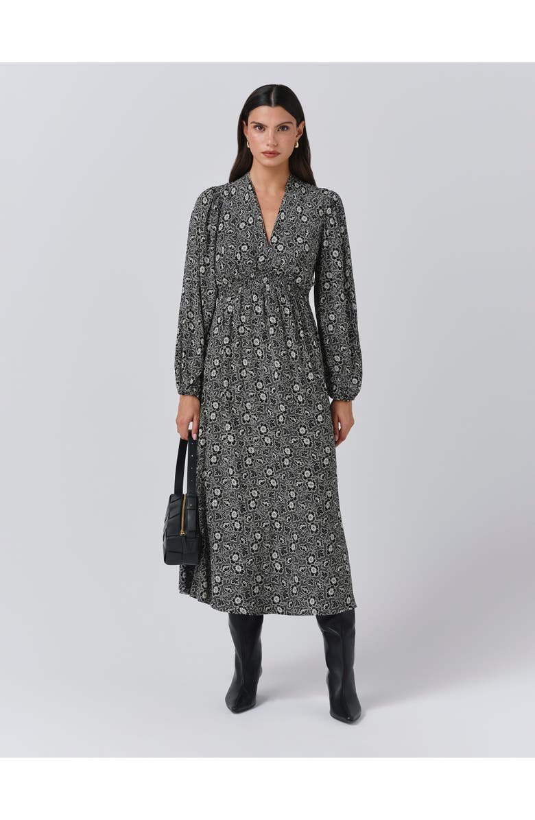 Ghost London Petal Crepe V Neck Midi Waisted Dress, Main, color, Black Ditsy