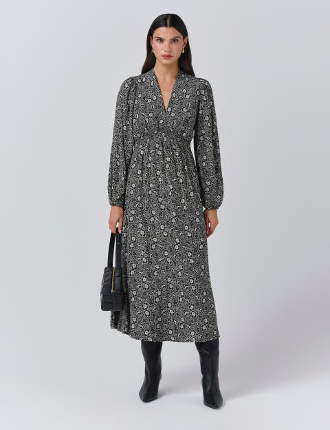 Petal Crepe V Neck Midi Waisted Dress