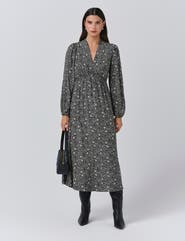 Ghost London Petal Crepe V Neck Midi Waisted Dress