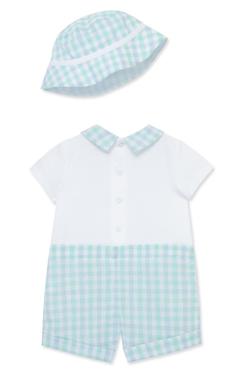 Little Me Plaid Cotton & Linen Romper & Hat Set, Alternate, color, 