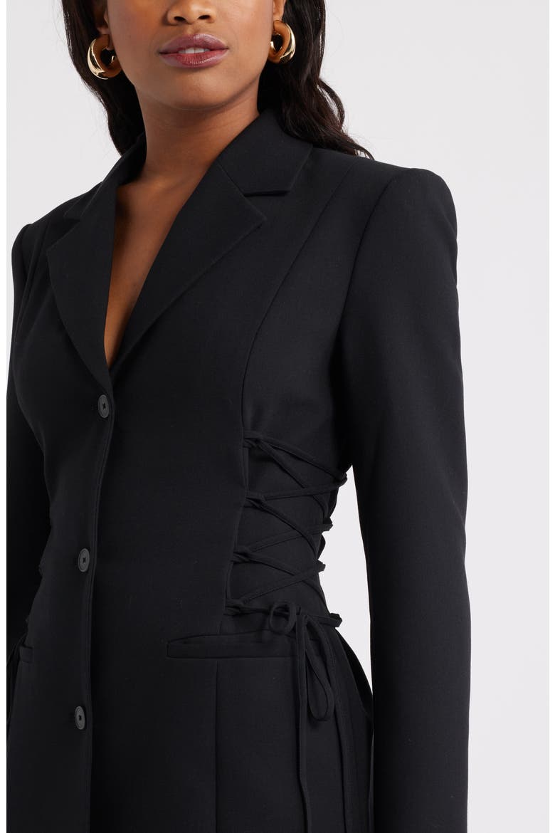 corset blazer dress AKIRA Business In The Front Mini style bodice with delicate lace inserts for a bold Pinstripe Blazer Dress with Reversible