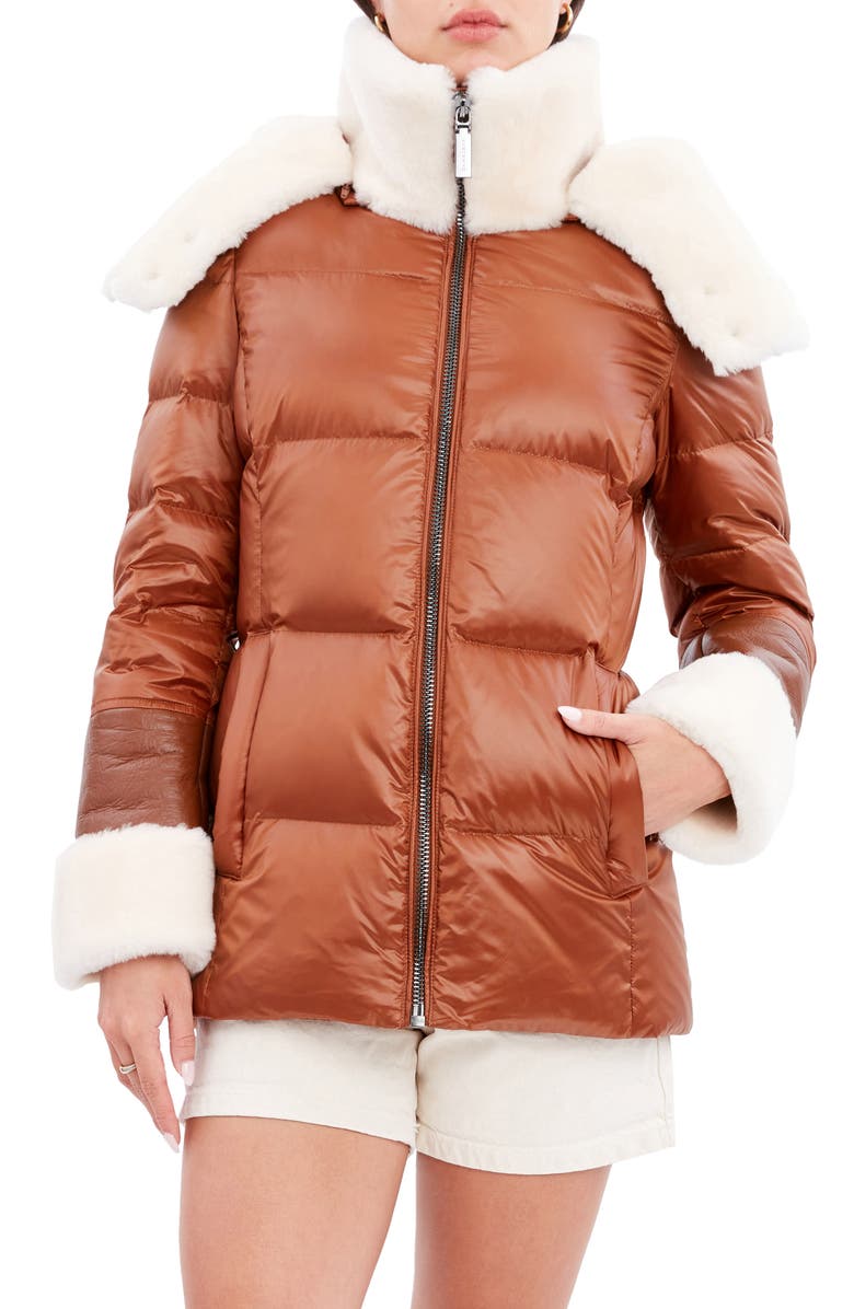 Dawn Levy Puffer Jacket with Genuine Shearling Trim, Main, color, Cognac