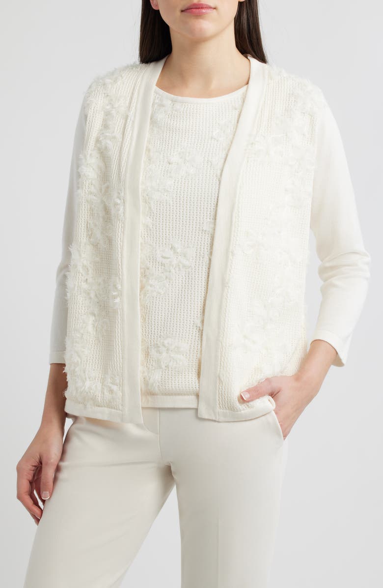 Anne Klein Kising Organza Appliqué Cardigan, Main, color, White Dove