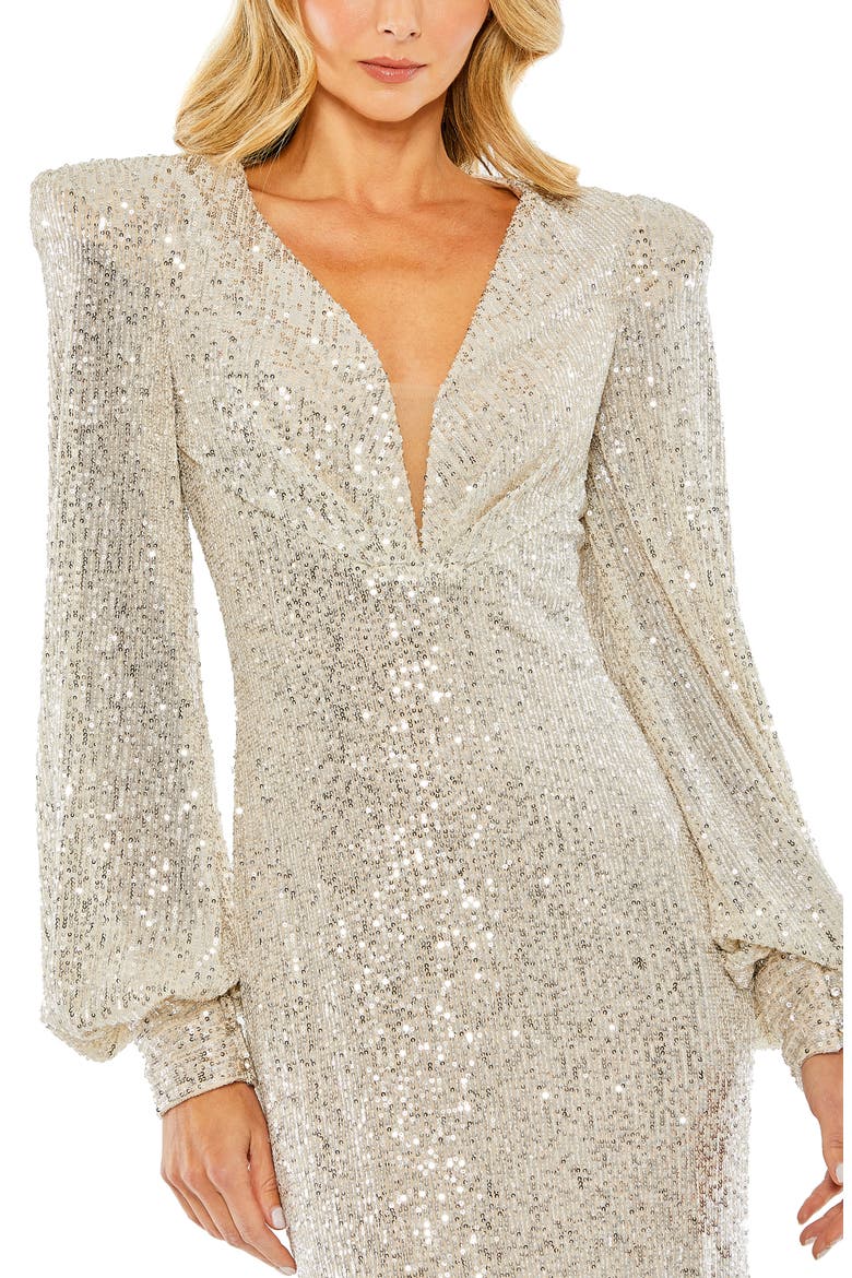 Sequined Plunge Neck Structured Bishop Sleeve Gown, Alternate, color, NUDE SILVER