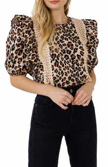 English Factory Leopard Print Ruffle Shoulder Cotton Top