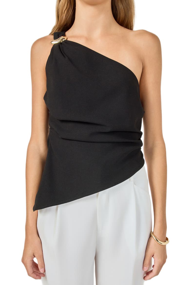 One Shoulder Ruched Asymmetric Hem Top, Alternate, color, BLACK