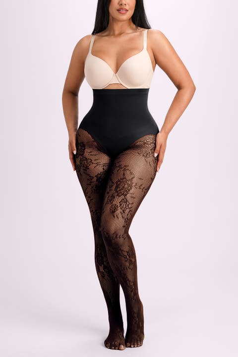 High Waist Floral Lace Tummy Smoothing Sheer Shaping Tights