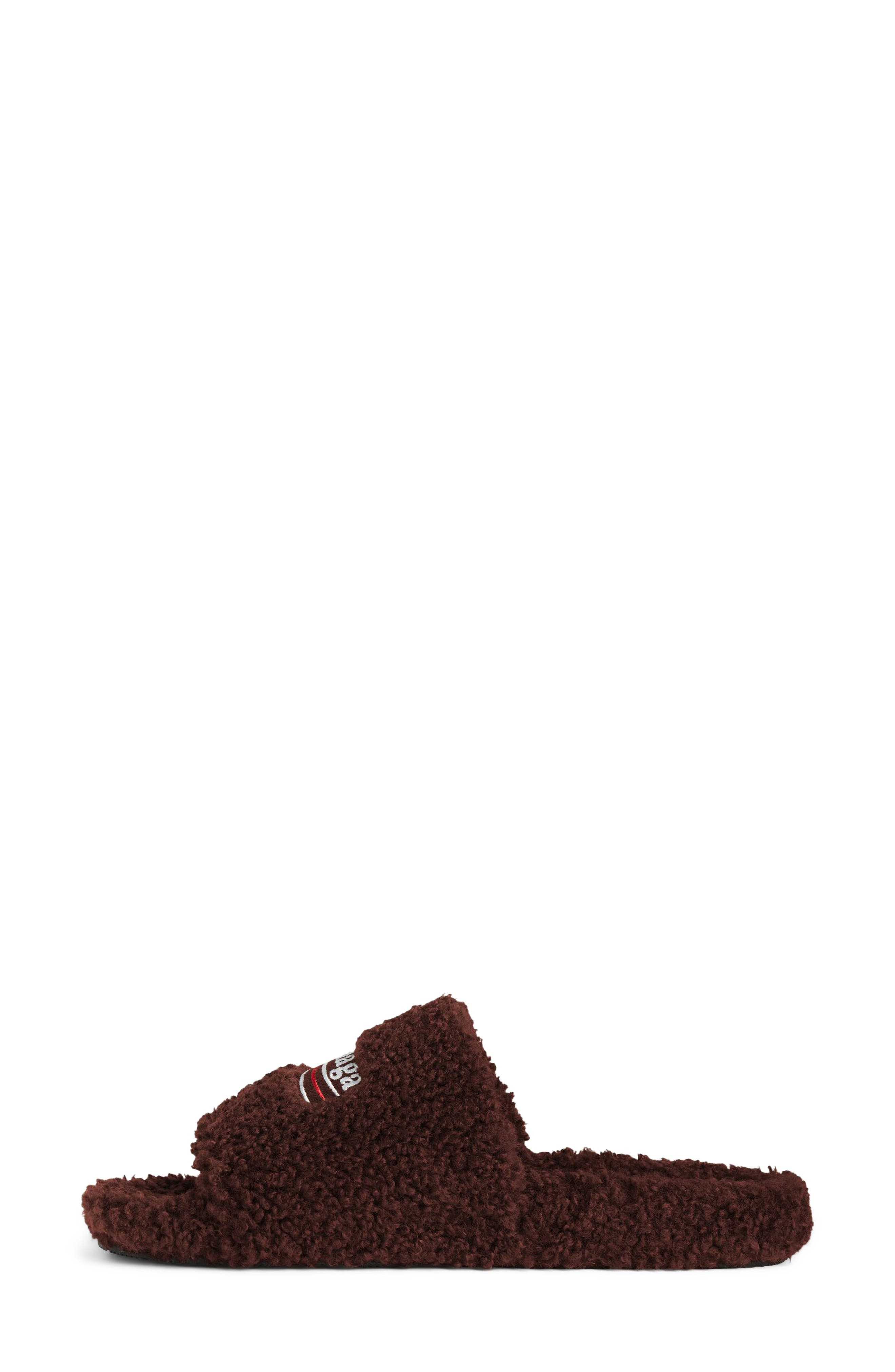 Balenciaga Campaign Faux Shearling Slide Sandal, Alternate, color, Chataigne