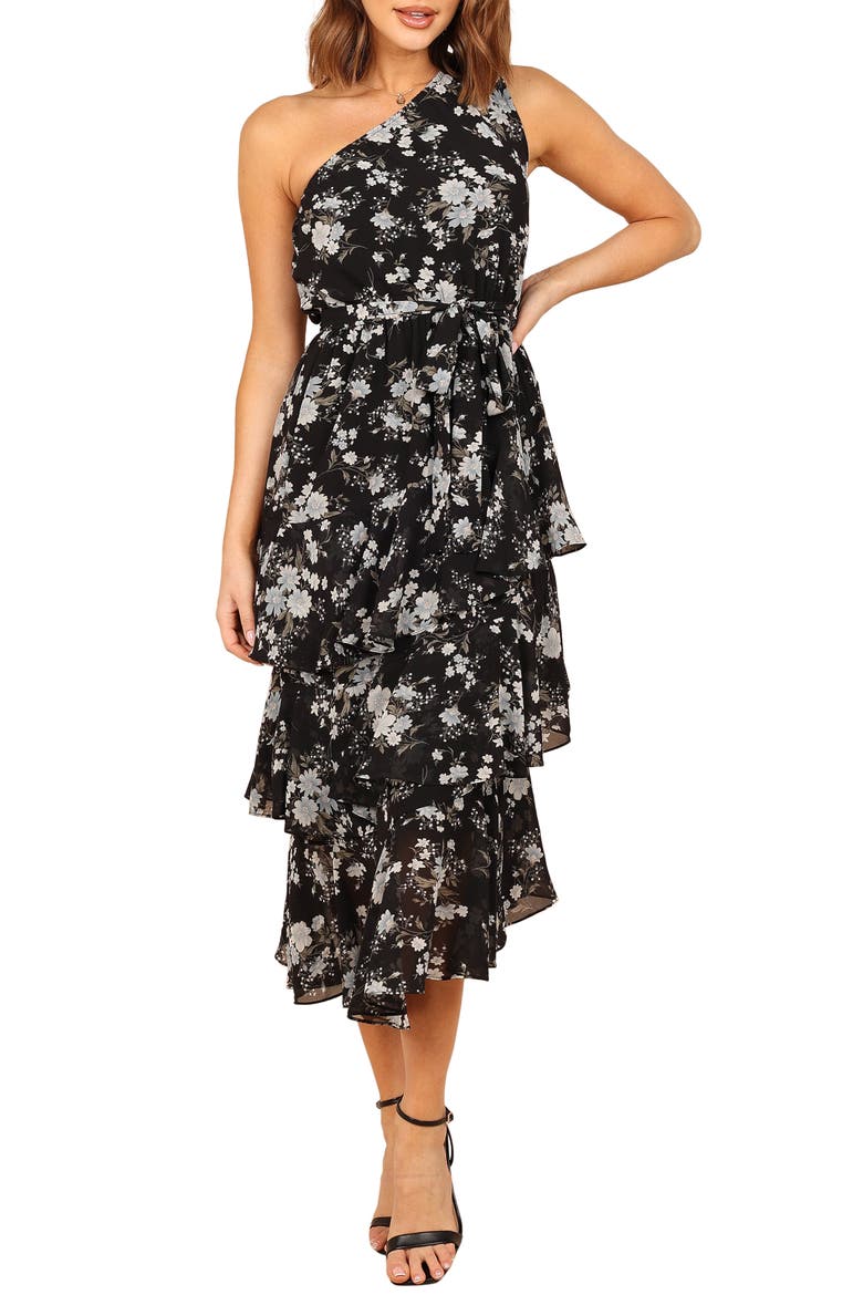 Brigette Floral One-Shoulder Tiered Midi Dress, Main, color, BLACK FLORAL