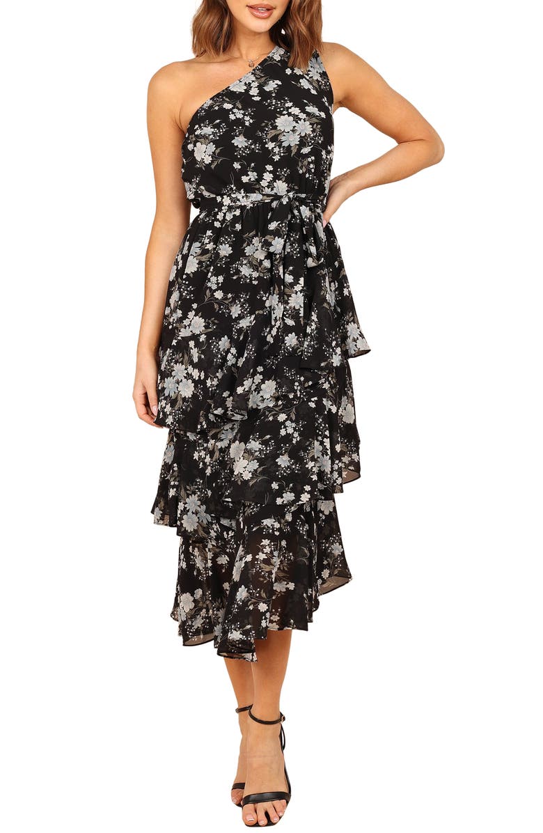 Petal & Pup Brigette Floral One-Shoulder Tiered Midi Dress, Main, color, Black Floral