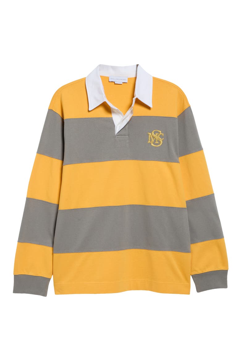 Embroidered Crest Colorblock Stripe Long Sleeve Rugby Polo, Main, color, YELLOW/ TAUPE