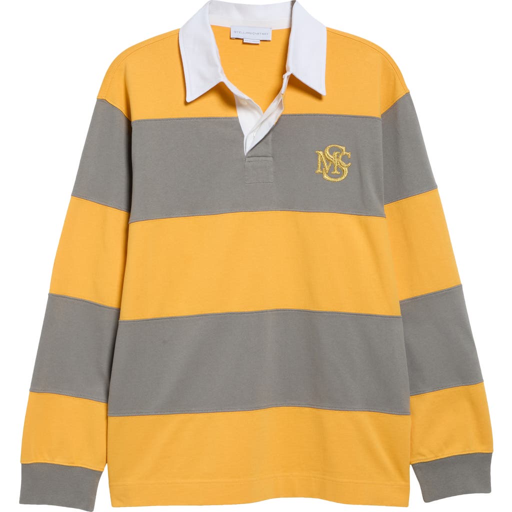 Stella Mccartney Embroidered Crest Colorblock Stripe Long Sleeve Rugby Polo In Yellow