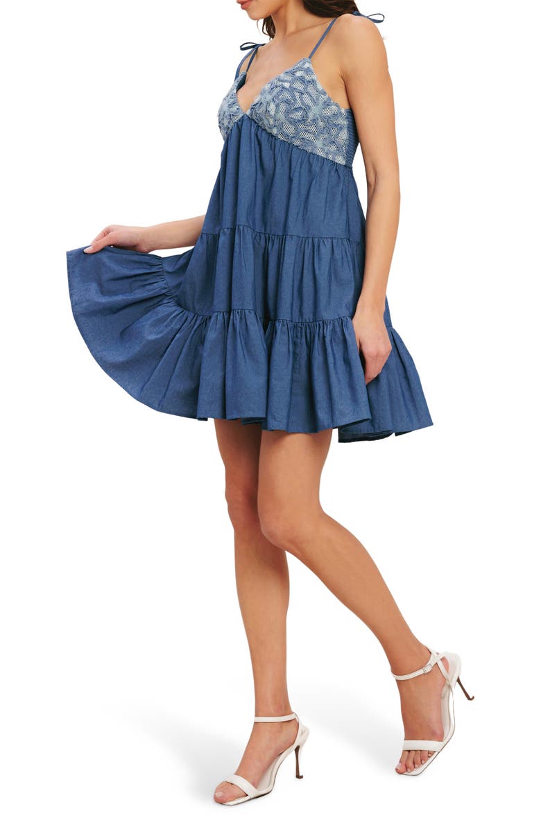 FLYING TOMATO Tie Strap Tiered Denim Dress, Alternate, color, Blue