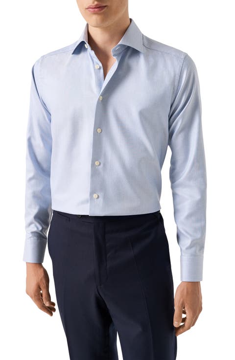 Contemporary Fit Blue Diagonal Weave Cotton Dobby Dress Shirt