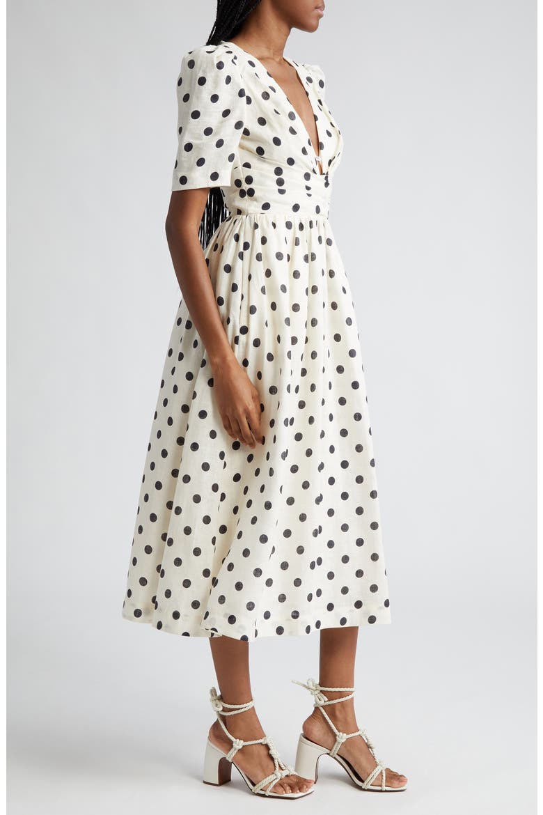 Polka Dot Pleated Linen Midi Dress, Alternate, color, CREAM/ BLACK DOT