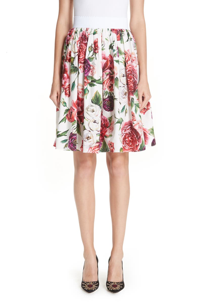 Dolce&Gabbana Peony Print Cotton Poplin Skirt, Main, color,