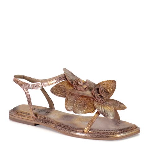 PER SHING Leather Floral Flat Dress Sandal