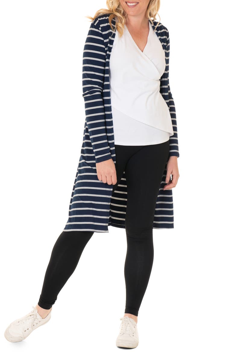 Cardigan, Top & Leggings Maternity/Nursing Set, Main, color, NAVY/ WHITE/ BLACK