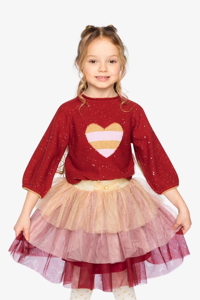 3/4 Sleeve Heart Graphic Ribbed Cuff Knitted Sweater, Alternate, color, Rouge