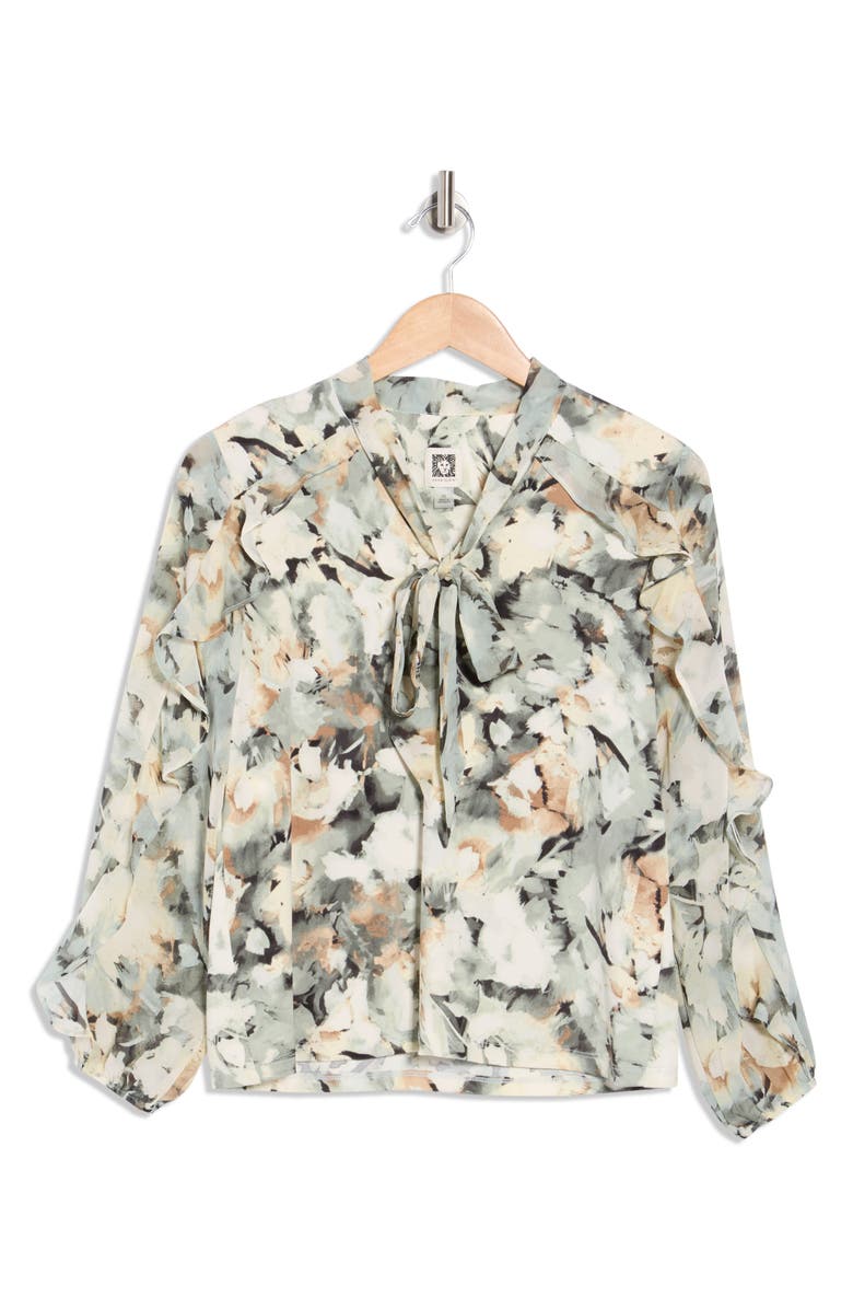 Anne Klein Printed Ruffle Tie Neck Top, Alternate, color, Soft Aloe Multi