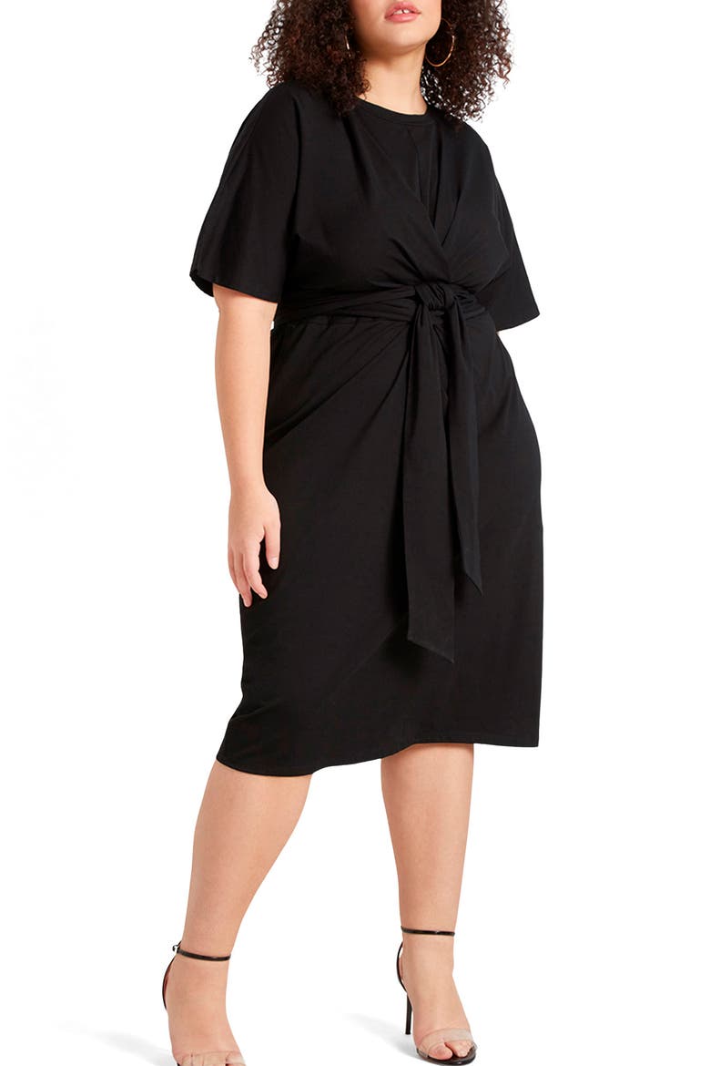 Tie front Flutter Sleeve Midi Sheath Dress, Main, color, BLACK ONYX