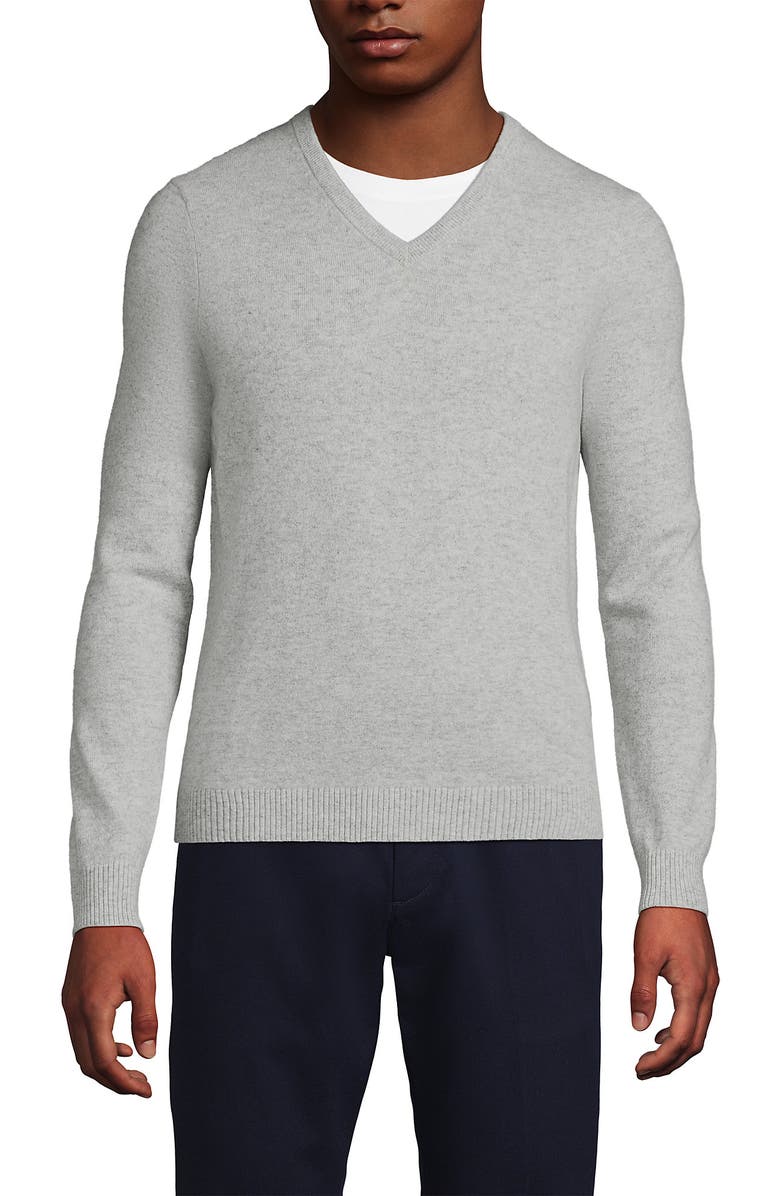 Lands' End Fine Gauge Cashmere V-neck Sweater, Main, color, Misty Gray Heather