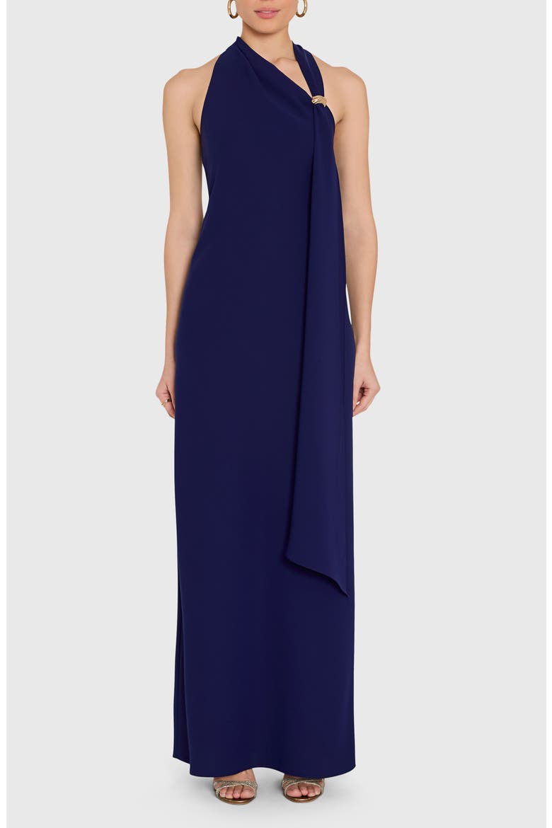 Sonya Asymmetric Drape Sleeveless Gown, Main, color, NAVY