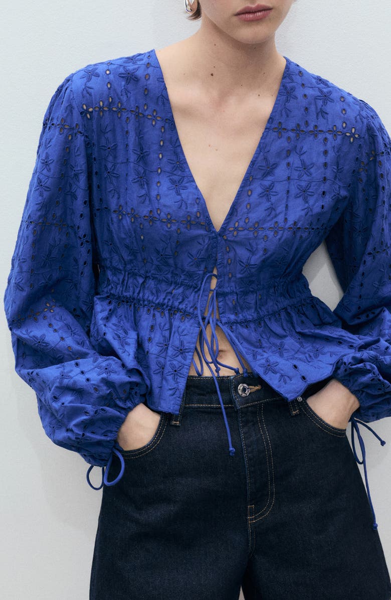 MANGO Eyelet Embroidered Tie Front Long Sleeve Cotton Top, Main, color, Blue