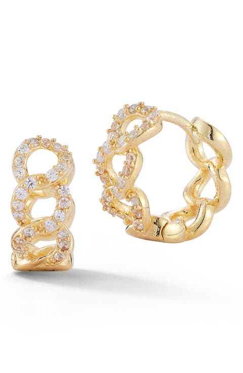 Cubic Zirconia Curb Link Huggie Hoop Earrings