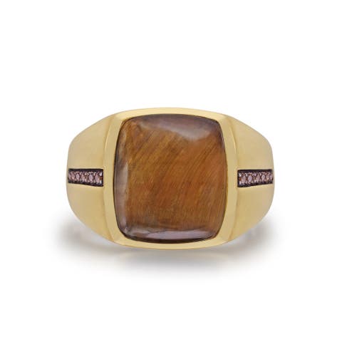 Chatoyant Yellow Tiger Eye Silver Diamond Men Signet Ring