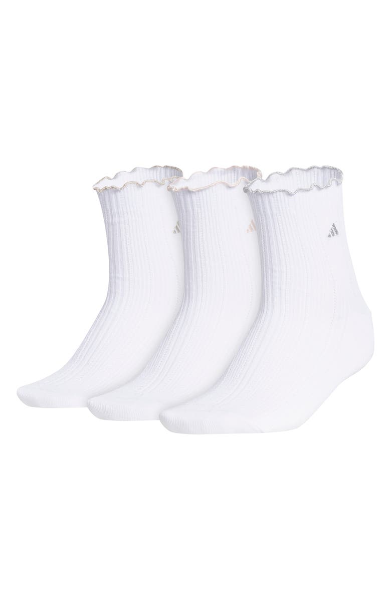adidas 3-Pack Ruffle Crew Socks, Main, color, White/ Cyber/ Silver Metallic