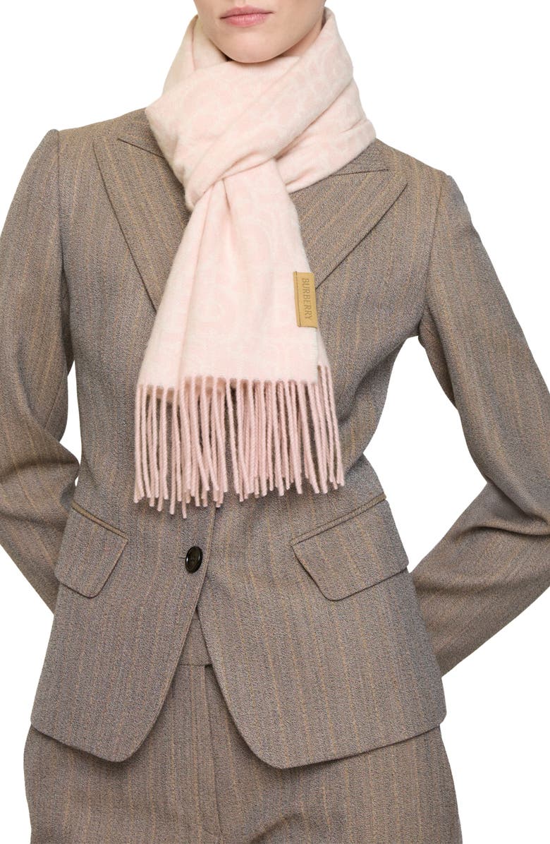 Burberry B Charm Anagram Double Face Cashmere Fringe Scarf, Alternate, color, Peony Pink